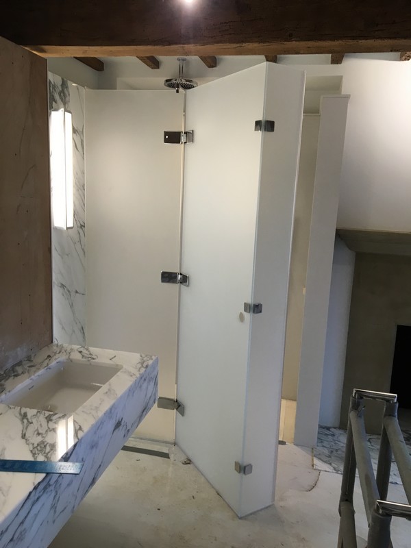 Bespoke frosted glass shower enclosure in Aylesbury luxury bathroom